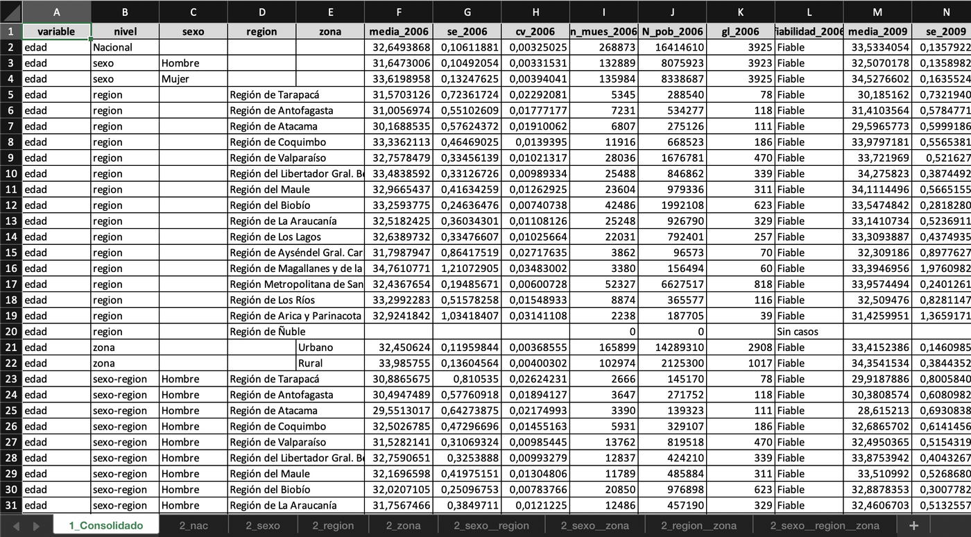 Hoja consolidada con estimaciones por región y área